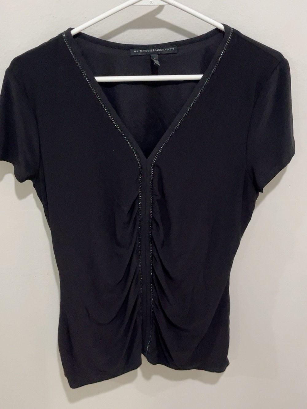 White House Black Market Black Ruched Embellished V-Neck Top L